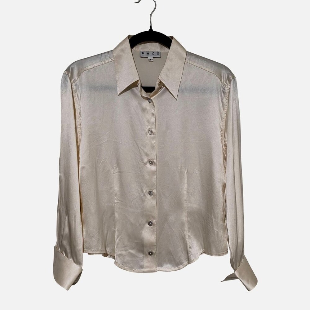 Kazu Womens Champagne Silk Button Down Blouse Medium Pearl Luxe Minimal Elegant